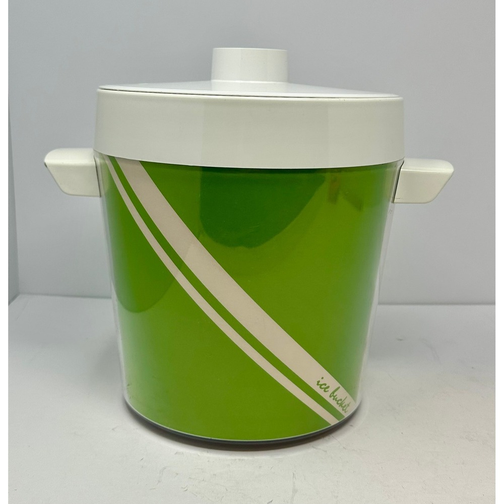Vintage Lime Green Plastic Insulated Ice Bucket with Lid and Racing Stripe Retro